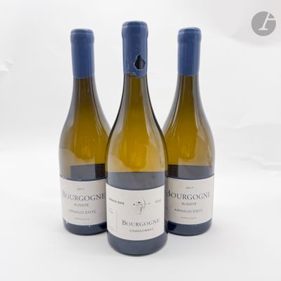 trois bouteilles de vin blanc posées l'une à côté de l'autre sur une surface blanche