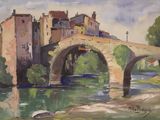 a painting of a bridge over a river with buildings in the background