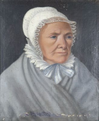 portrait of an old woman wearing a bonnet and a blue dress