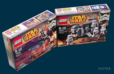 deux boîtes de kits Lego Star Wars sur un fond bleu