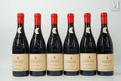 six bottles of red wine lined up in a row on a table