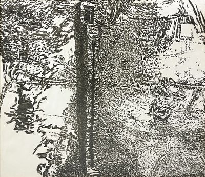 un dessin en noir et blanc représentant un arbre dans les bois