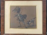 painting of a man with a dog and a bird in a wooden frame