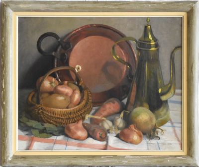 a painting of a still life with a basket of fruit and vegetables