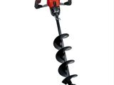 a close up of a red and black earth auger on a white background