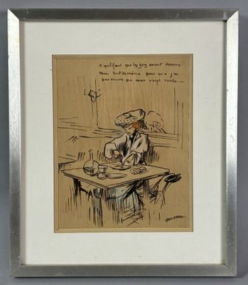 dessin représentant un homme assis à une table avec une tasse de café