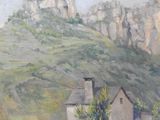 une peinture à l'huile représentant un château sur une colline, avec un cheval au premier plan