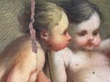 a painting of two babies playing with a stick