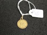 a close up of a coin on a string with a price tag