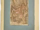 une vieille photo représentant un dessin d'un groupe de personnes assises autour d'une table