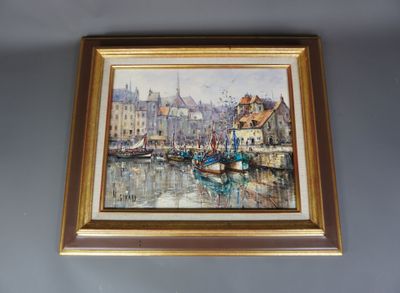 peinture de bateaux dans un port avec des bâtiments en arrière-plan
