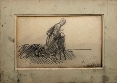 drawing of a woman sitting on the ground with a hat on