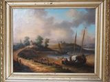 an oil painting of boats on a river with a castle in the background