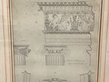 an old drawing of a building with columns and a clock