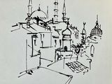 drawing of a view of a city with a clock tower in the distance