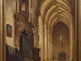 an oil painting of a church with a large altar and a chair in the foreground