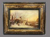 tableau représentant une scène hivernale avec un homme et un enfant près d'un moulin à vent
