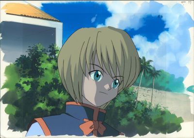 une illustration d'anime représentant un jeune homme aux cheveux blonds et aux yeux bleus