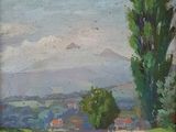 an oil painting of a landscape with trees and a road