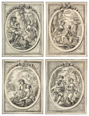 quatre gravures encadrées représentant les quatre scènes des quatre âges