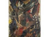 une peinture abstraite représentant un homme avec une croix sur la poitrine