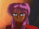 an anime girl with purple hair and blue eyes looks at the camera