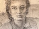 drawing of a woman in a blue shirt sitting on a couch
