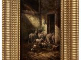 une image représentant un tableau où l'on voit des moutons dans une grange, avec un homme en train de les nourrir