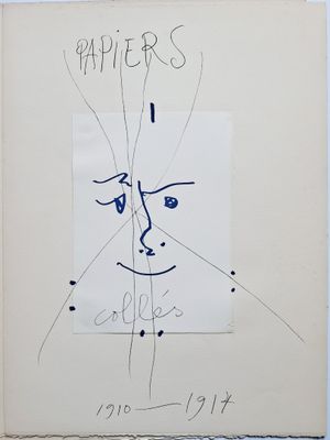 dessin représentant le visage d'un homme sur une feuille de papier comportant des inscriptions