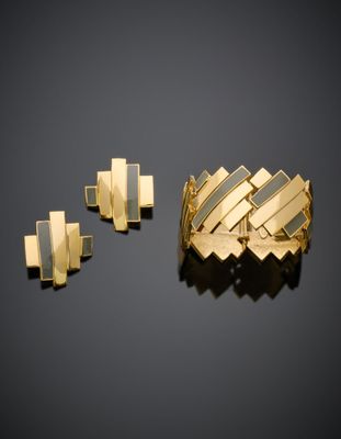 LANVIN DEMI-PARURE "moderniste "en métal doré et émaillé gri…