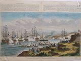 an old print of a harbor scene with ships in the water and people on the shore