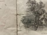 an old book with a drawing of a house and a tree