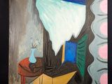 un tableau représentant un vase posé sur une table dans une pièce