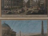 two pictures of a painting of a view of a city with a clock tower in the background
