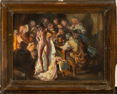 une image représentant un tableau où l'on voit une femme debout devant un groupe de personnes