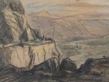 drawing of a cliff with a group of people standing on top of it