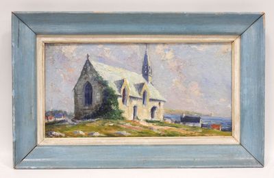 une peinture à l'huile représentant une église surmontée d'un clocher