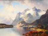 un tableau représentant un paysage de montagne avec un bateau sur l'eau