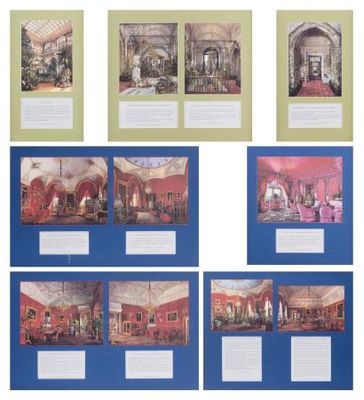 six pictures of a room with red walls and a blue floor