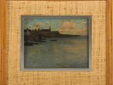 an image of a painting of a boat in a body of water with a castle in the background