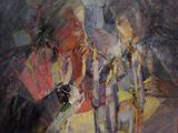 painting of a couple of people sitting next to each other on a couch
