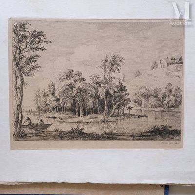 an old drawing of a landscape with a river in the foreground and trees in the foreground
