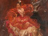 un tableau représentant une femme en robe rouge et un homme en costume noir