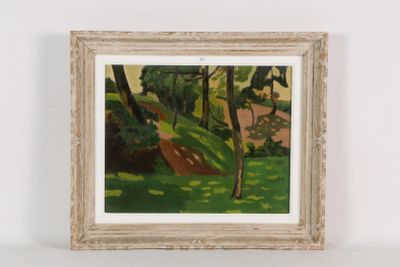 un tableau représentant un paysage avec des arbres et de l'herbe, dans un cadre blanc