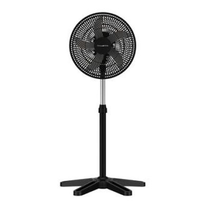 a black fan sitting on top of a metal stand