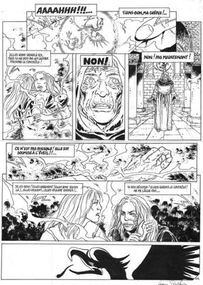 une page d'une bande dessinée sur laquelle on voit, en arrière-plan, un homme et une femme