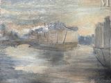 an oil painting of a boat in a body of water