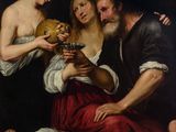 an image of a painting of a man holding a skull in front of two women