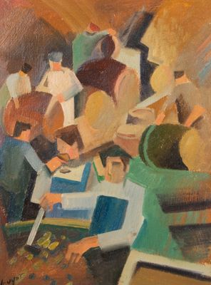 une peinture à l'huile représentant un groupe de personnes assises autour d'une table