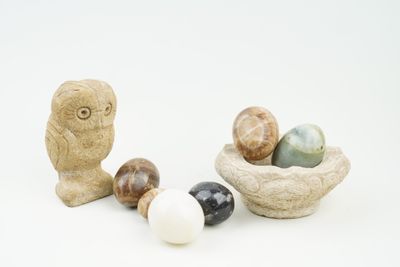un petit oiseau perché sur un rocher à côté d'un bol d'œufs